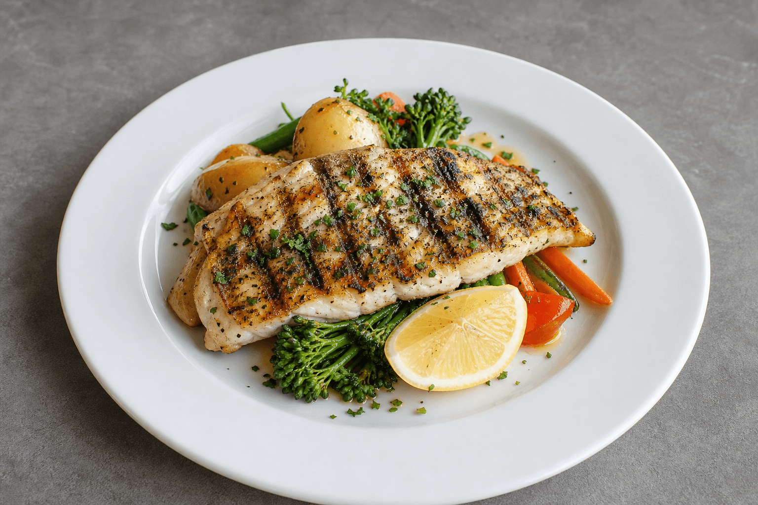 Photorealistic Grilled barramundi menu-main p01 food image by VDAMO