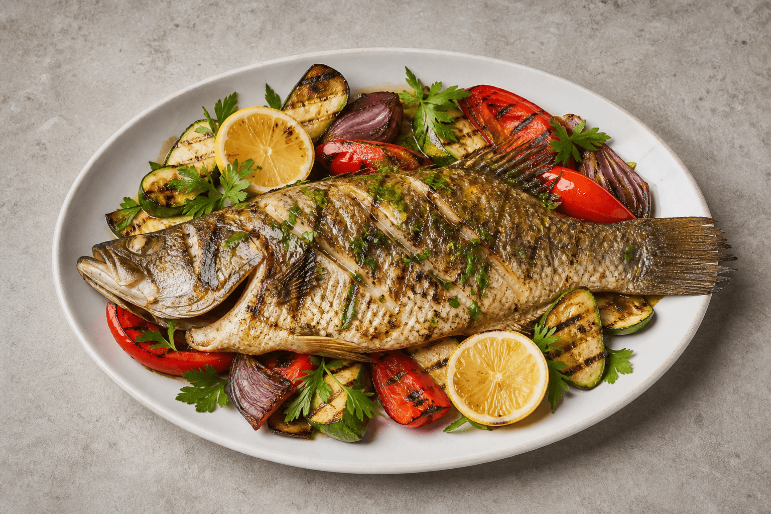 Photorealistic Grilled barramundi menu-main p03 food image by VDAMO