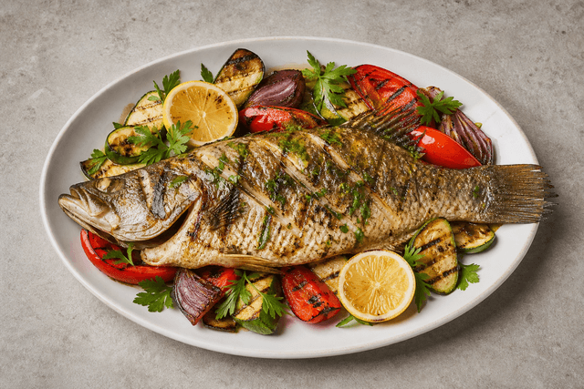 Photorealistic Grilled barramundi menu-main p03 food image by VDAMO