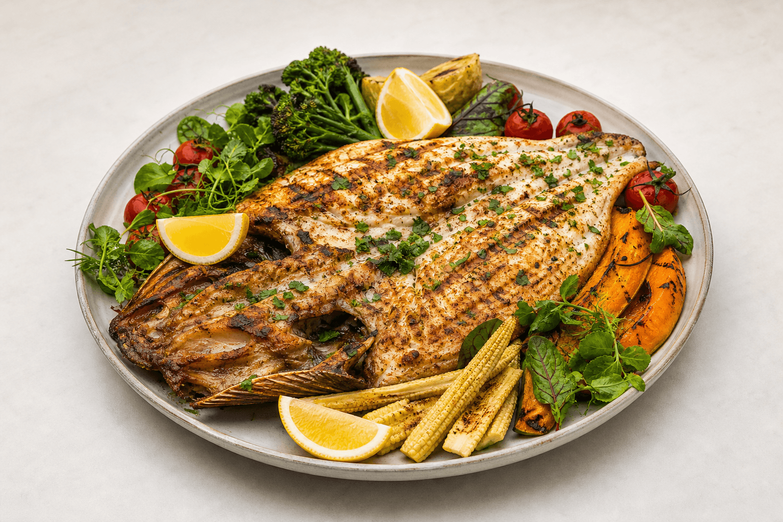 Photorealistic Grilled barramundi menu-main p10 food image by VDAMO