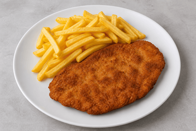 Photorealistic Schnitzel mit pommes menu-main p05 food image by VDAMO