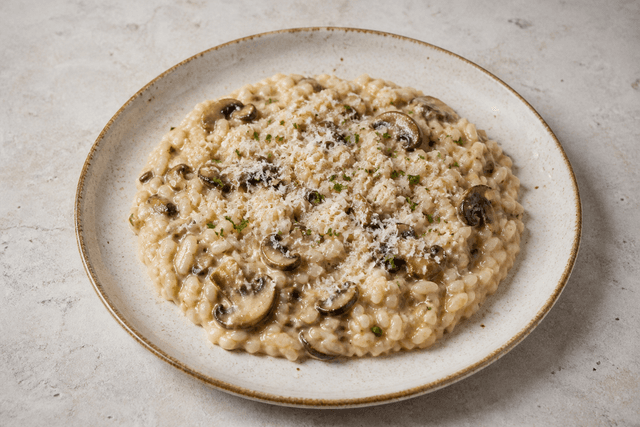 Photorealistic Mushroom risotto menu-main p05 food image by VDAMO