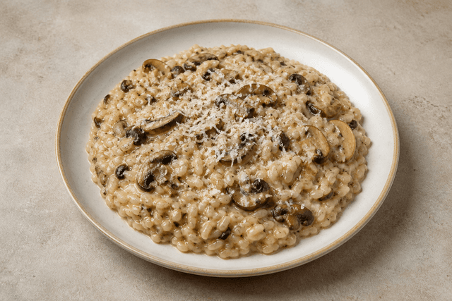 Photorealistic Mushroom risotto menu-main p08 food image by VDAMO