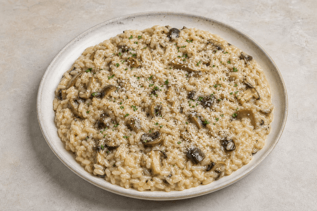 Photorealistic Mushroom risotto menu-main p10 food image by VDAMO