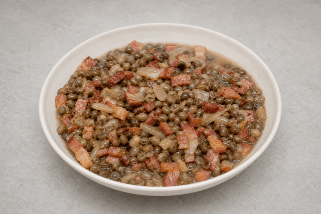 Photorealistic Grey peas with bacon menu-main p04 food image by VDAMO