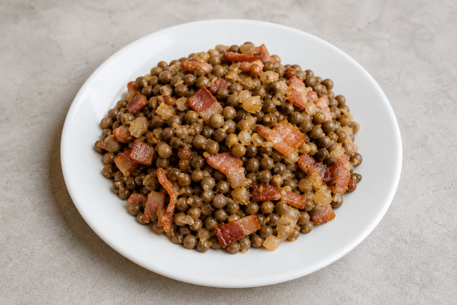 Photorealistic Grey peas with bacon menu-main p09 food image by VDAMO