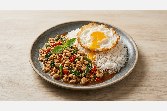 Photorealistic Thai basil chicken rice menu-main p01 food image by VDAMO