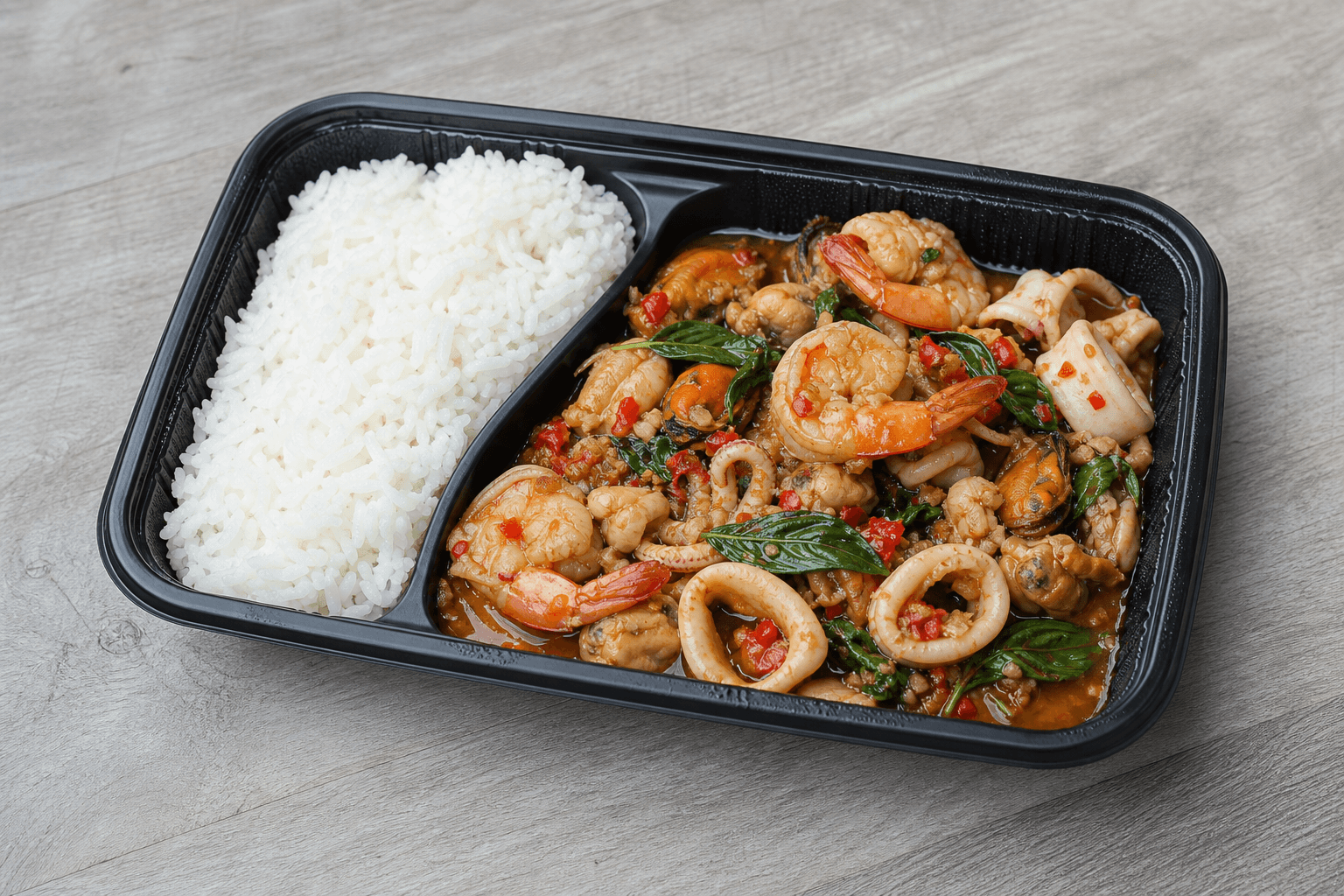 Photorealistic Spicy basil seafood style 025 P08 food image by VDAMO