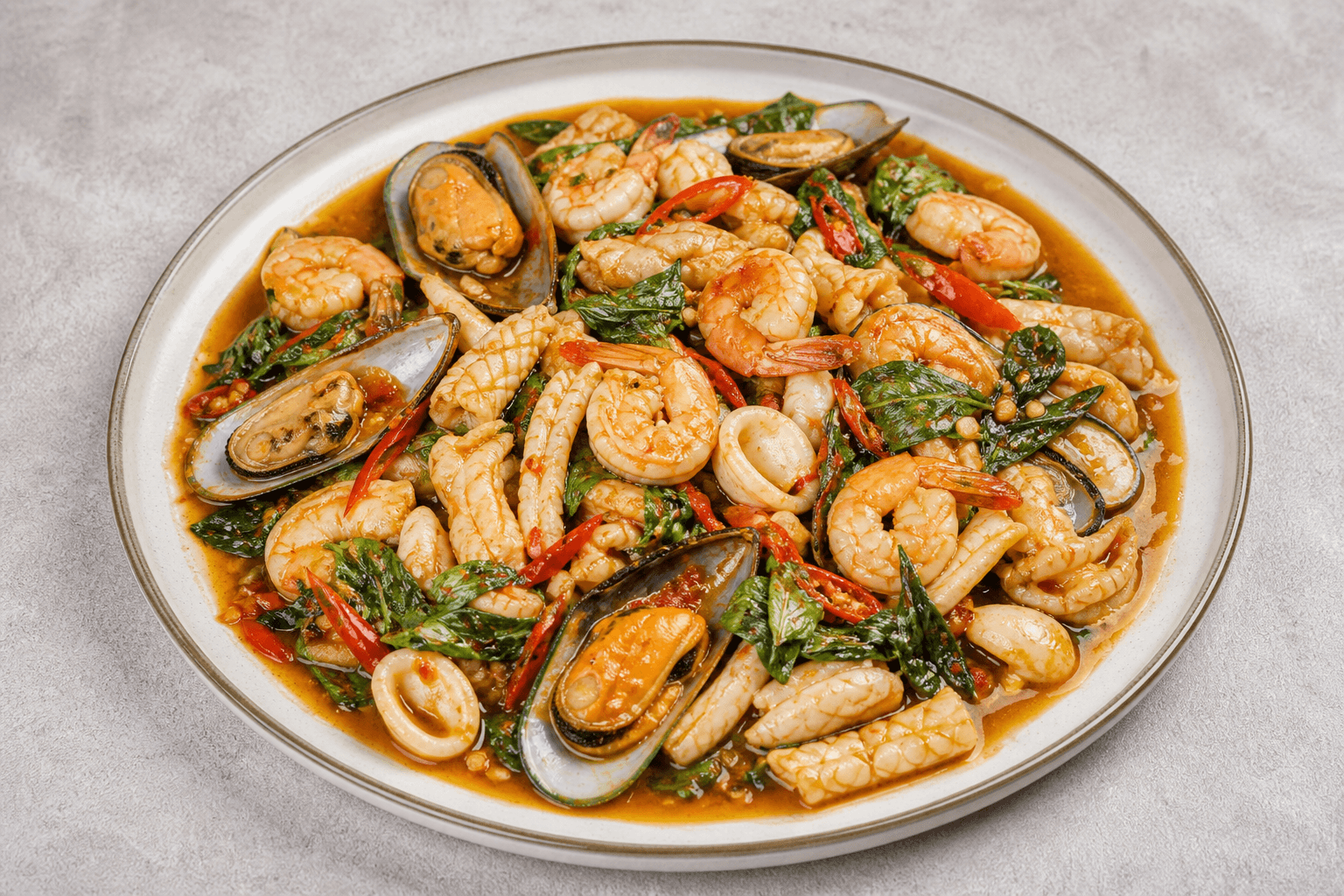 Photorealistic Spicy basil seafood style 025 P10 food image by VDAMO