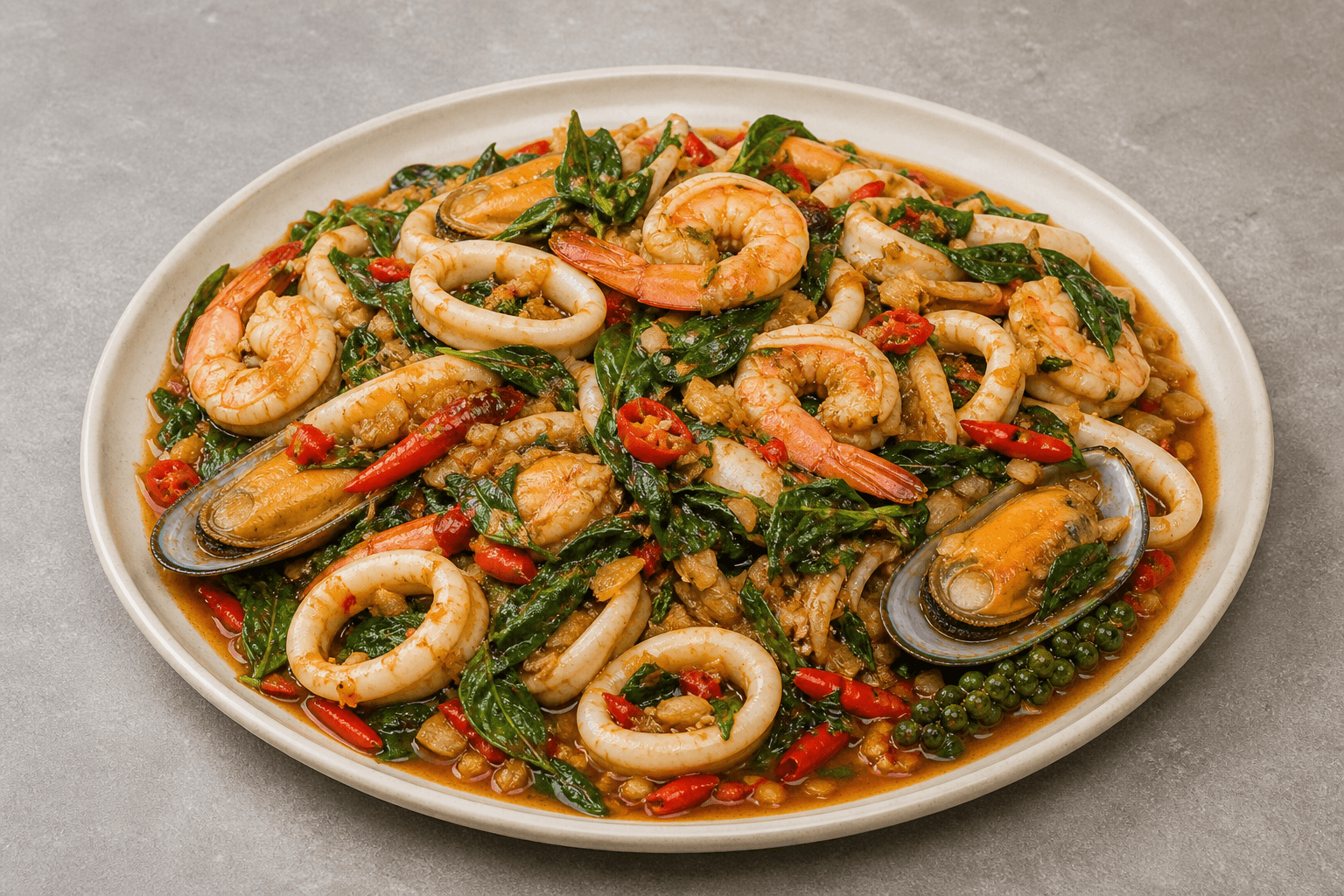 Photorealistic Spicy basil seafood style 049 P10 food image by VDAMO
