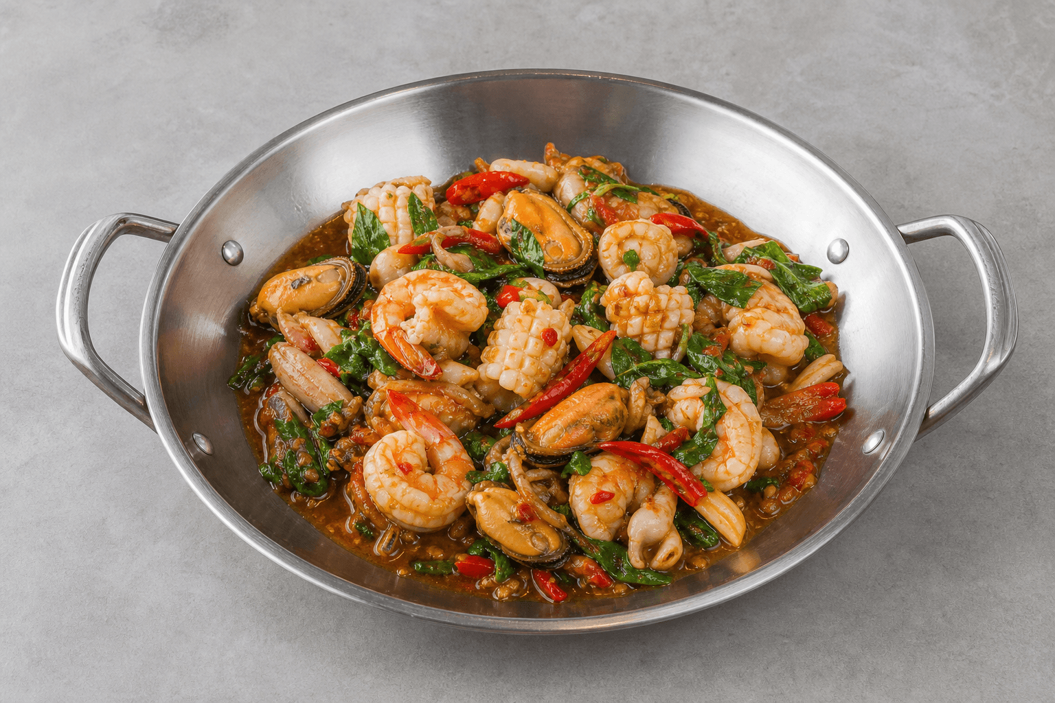 Photorealistic Spicy basil seafood style 073 P05 food image by VDAMO
