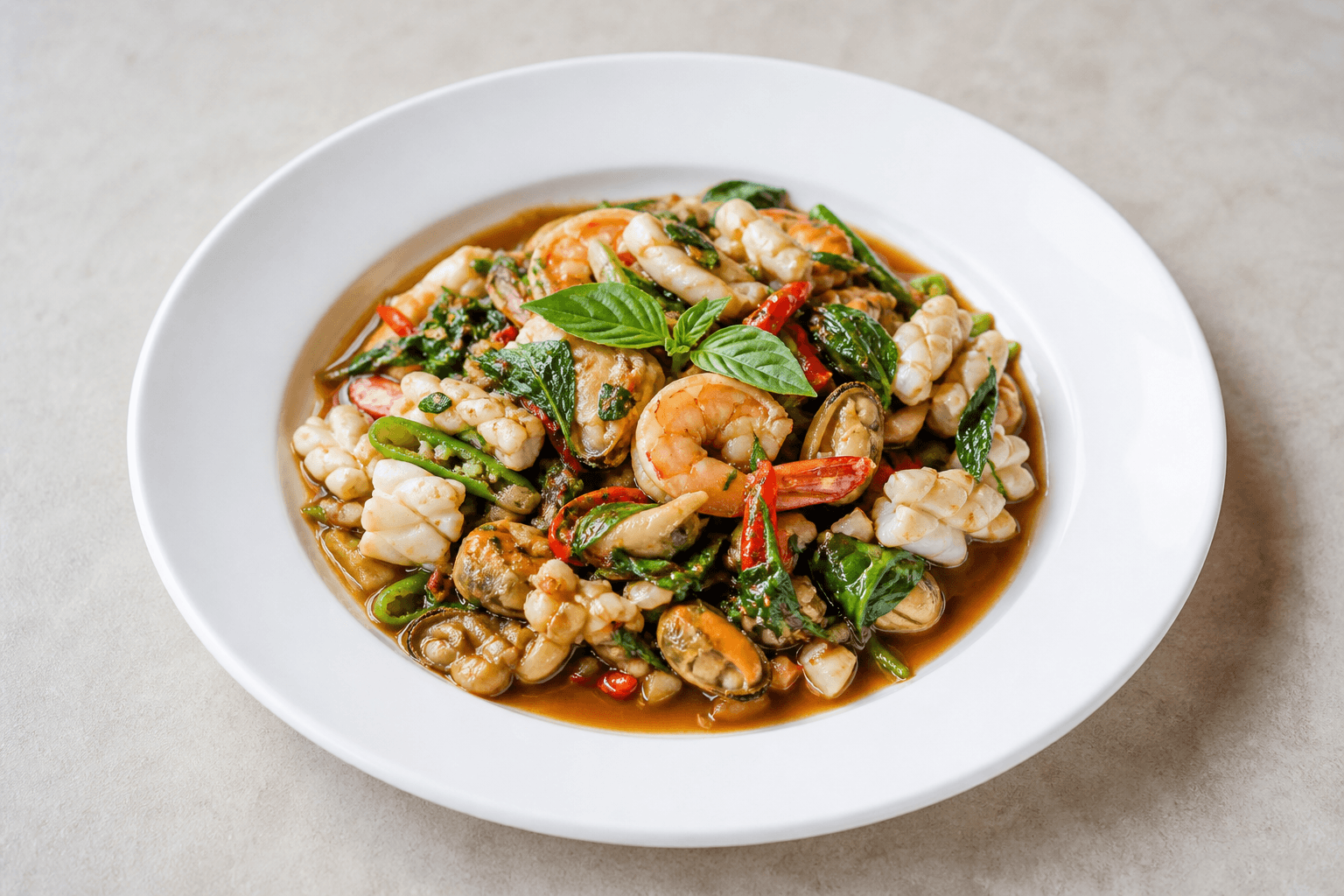 Photorealistic Spicy basil seafood style 085 P01 food image by VDAMO