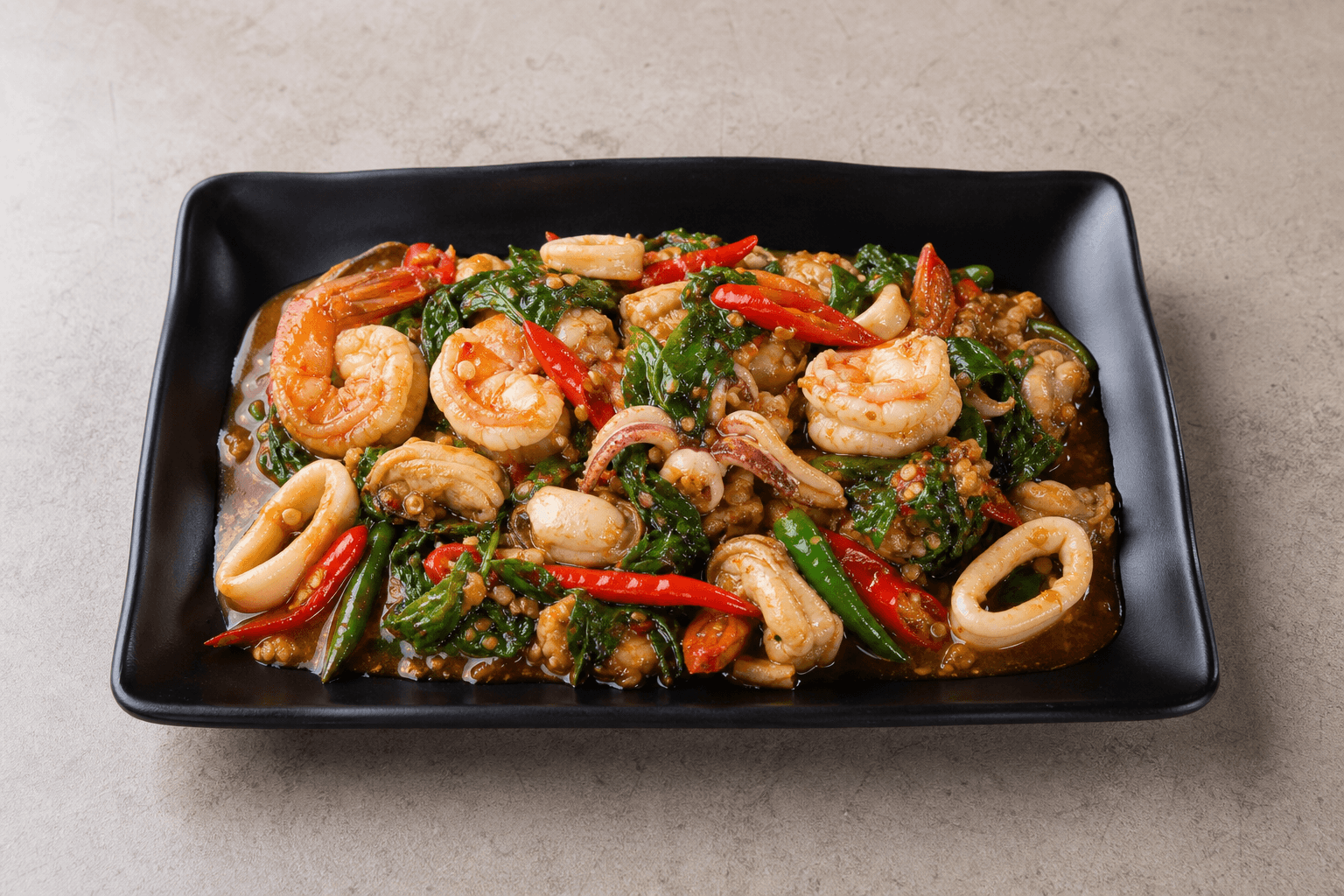 Photorealistic Spicy basil seafood style 085 P02 food image by VDAMO