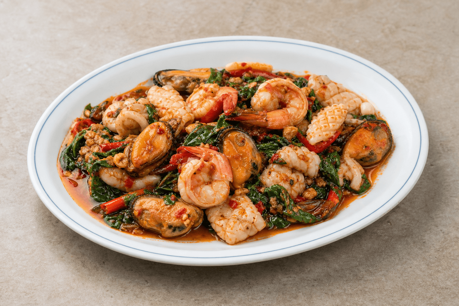 Photorealistic Spicy basil seafood style 085 P03 food image by VDAMO