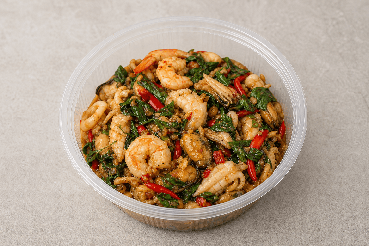 Photorealistic Spicy basil seafood style 085 P07 food image by VDAMO