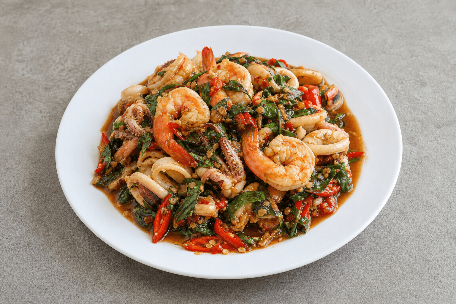 Photorealistic Spicy basil seafood style 085 P09 food image by VDAMO