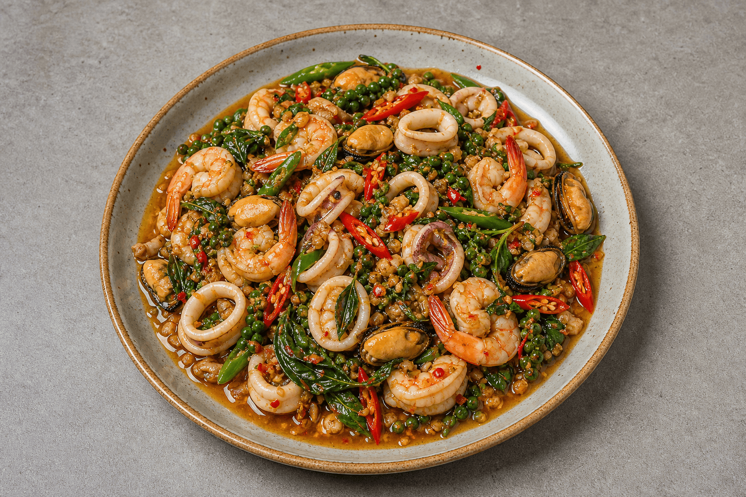 Photorealistic Spicy basil seafood style 085 P10 food image by VDAMO