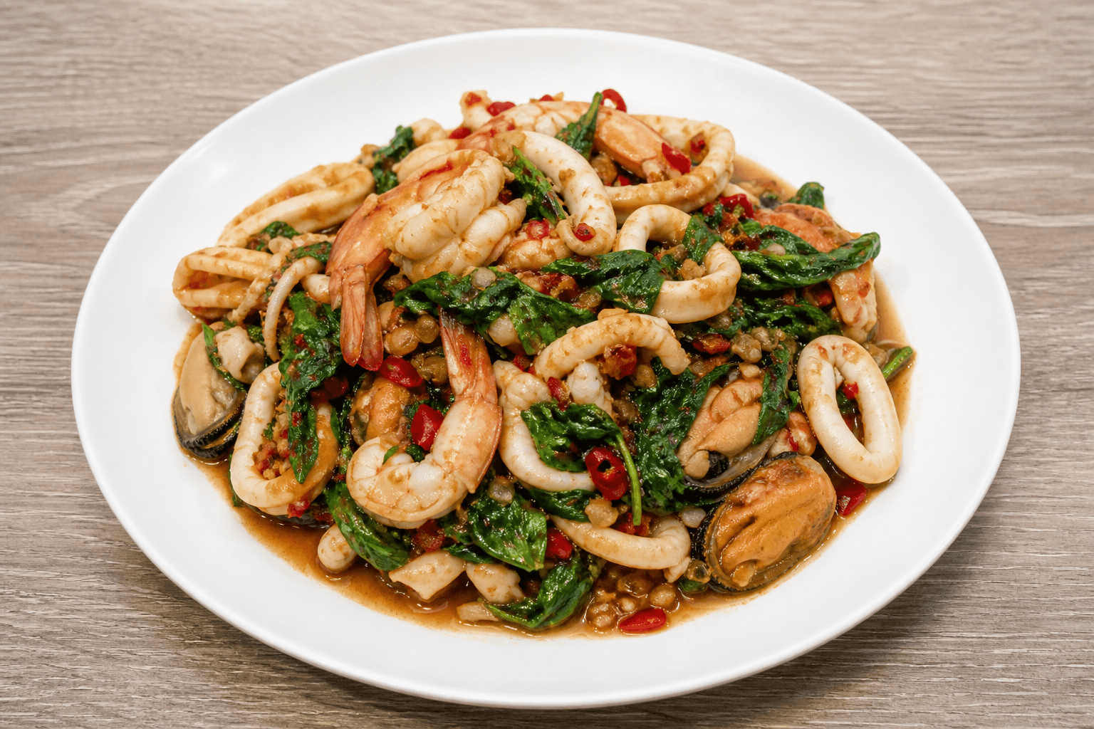 Photorealistic Spicy basil seafood style 097 P01 food image by VDAMO