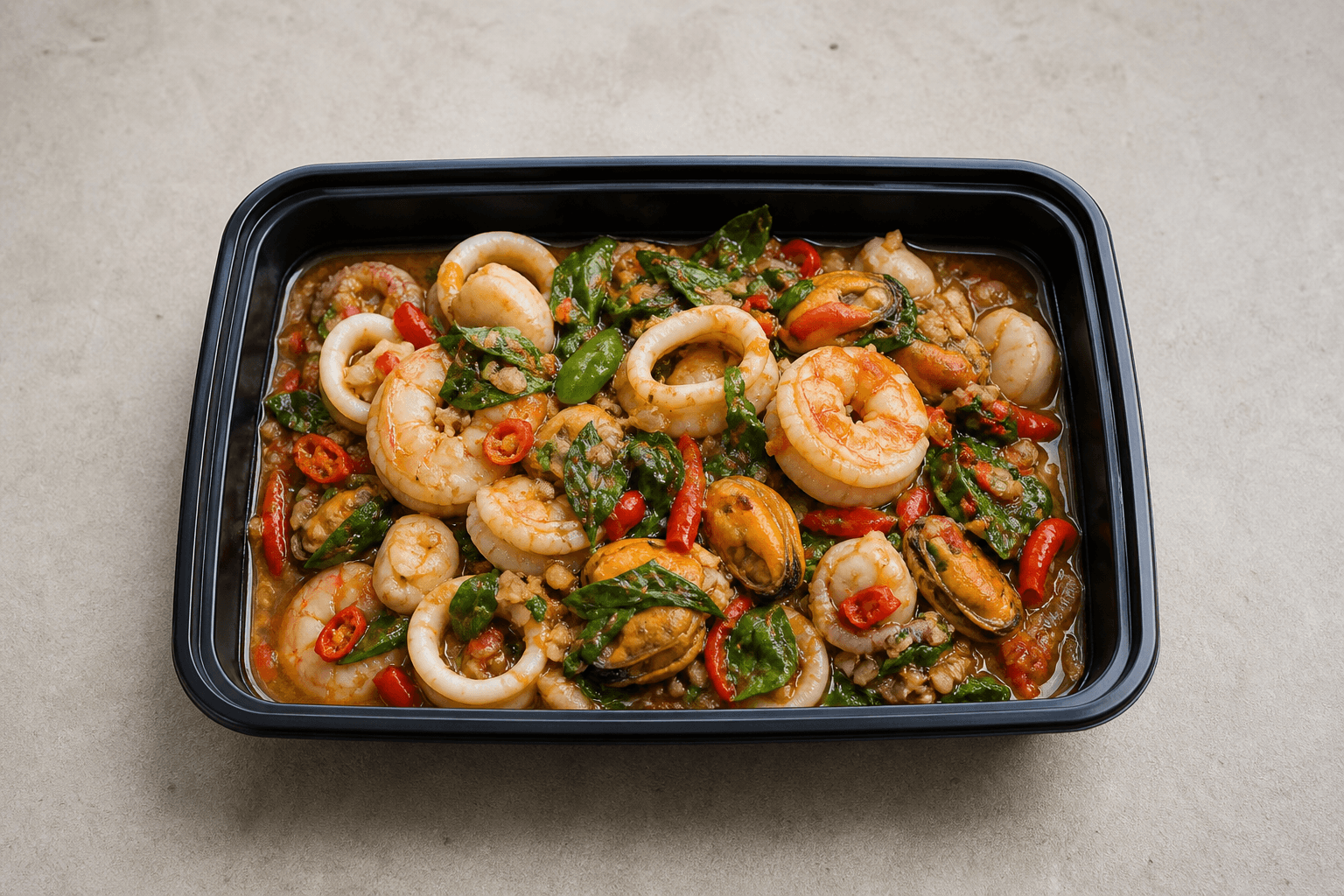 Photorealistic Spicy basil seafood style 109 P06 food image by VDAMO