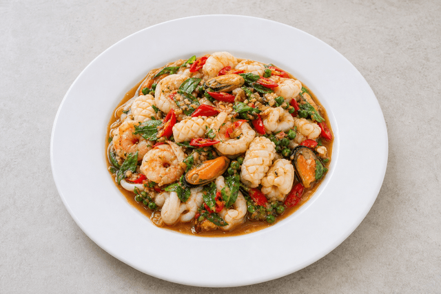 Photorealistic Spicy basil seafood style 121 P01 food image by VDAMO