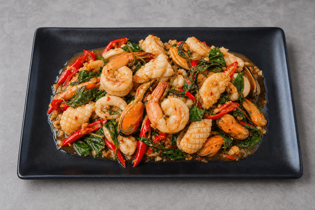 Photorealistic Spicy basil seafood style 121 P02 food image by VDAMO