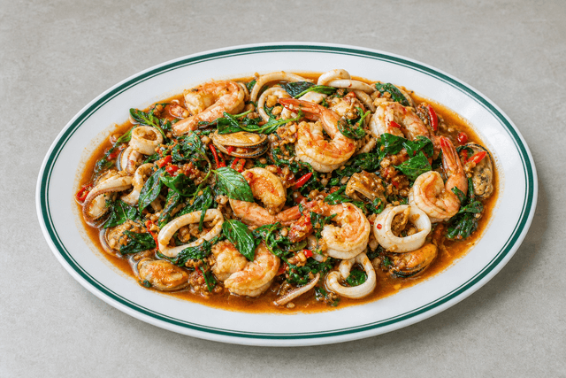 Photorealistic Spicy basil seafood style 121 P03 food image by VDAMO