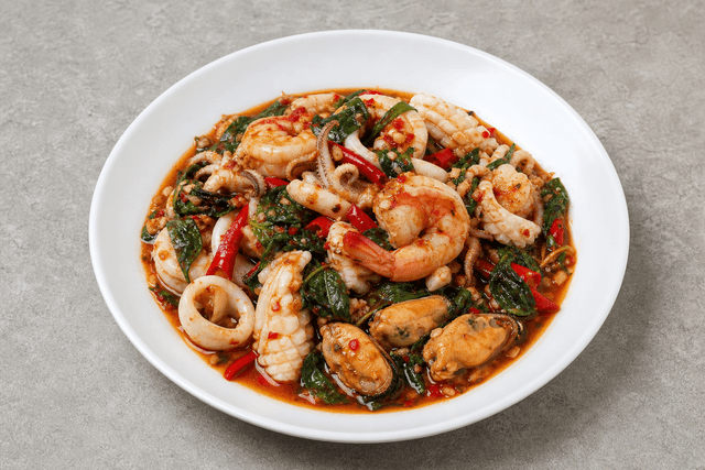 Photorealistic Spicy basil seafood style 121 P04 food image by VDAMO