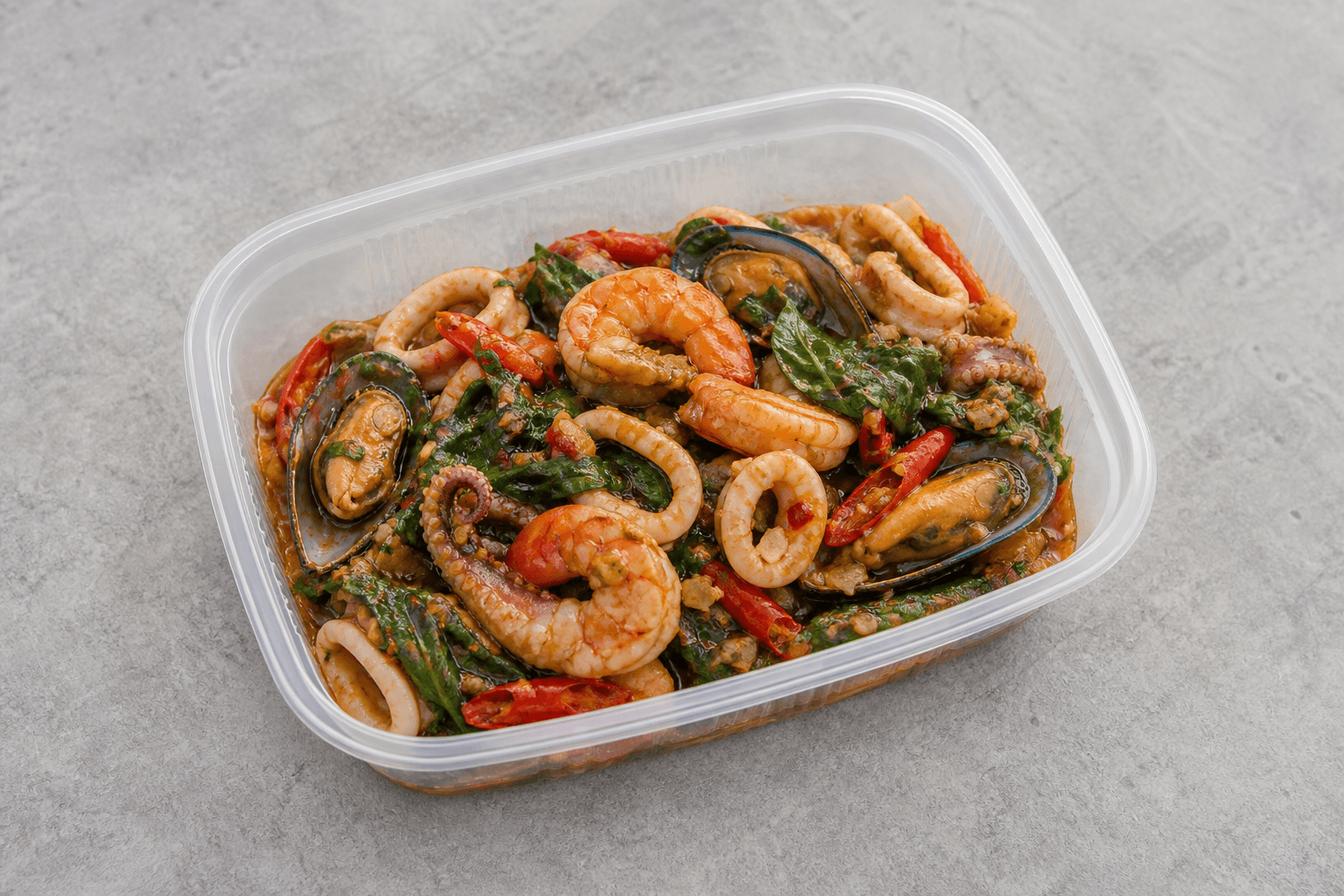 Photorealistic Spicy basil seafood style 121 P07 food image by VDAMO