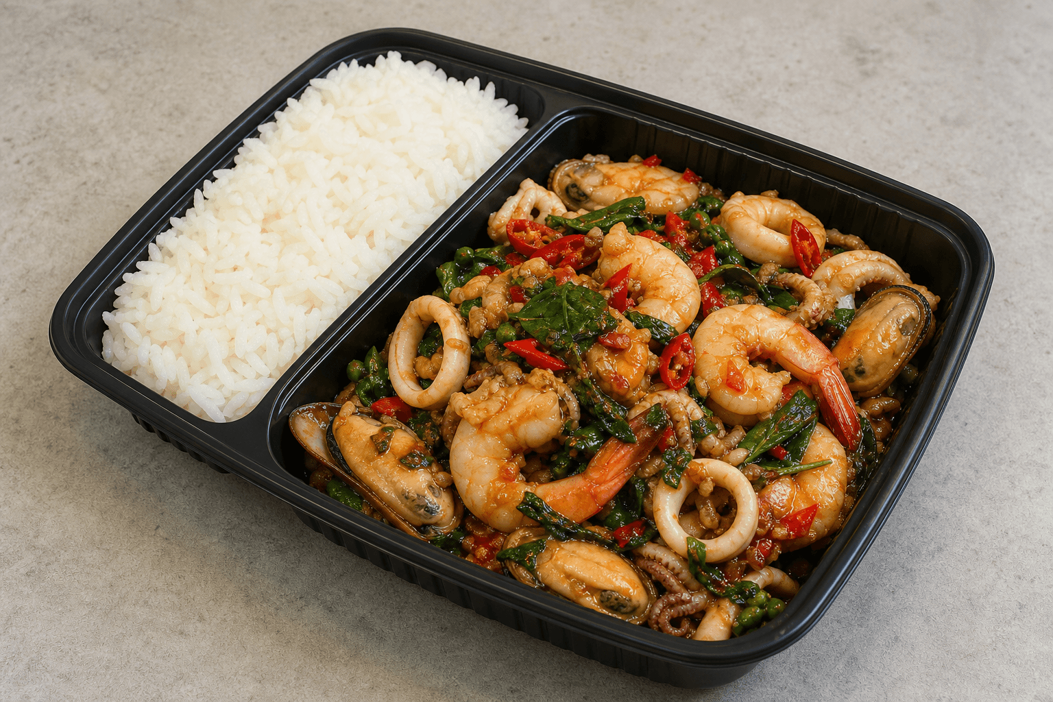 Photorealistic Spicy basil seafood style 121 P08 food image by VDAMO