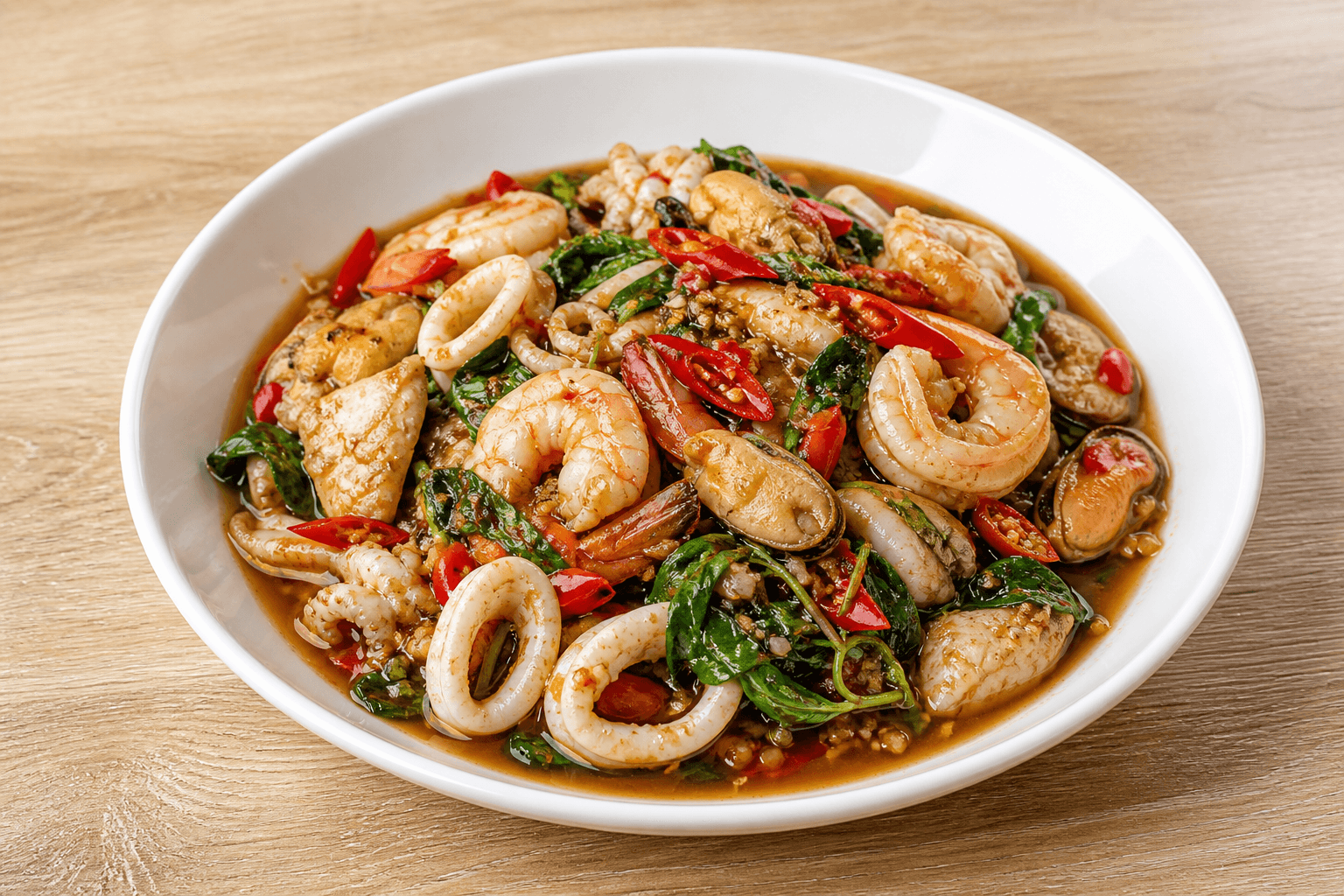 Photorealistic Spicy basil seafood style 157 P04 food image by VDAMO