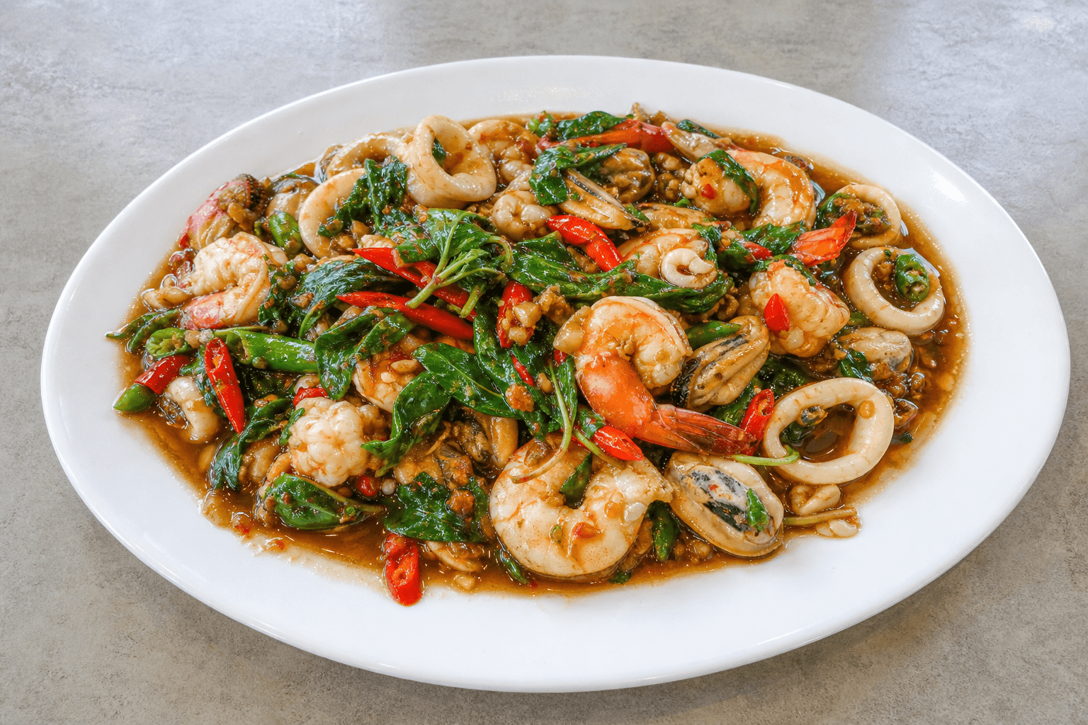 Photorealistic Spicy basil seafood style 169 P03 food image by VDAMO