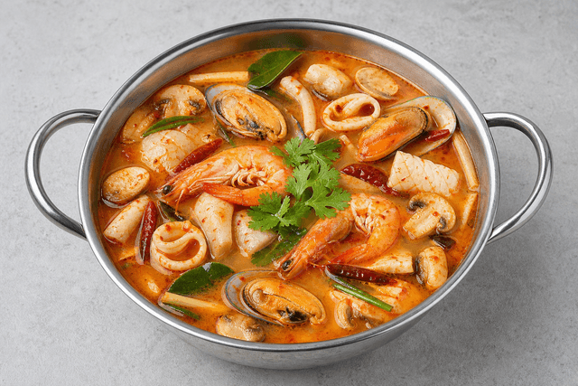 Photorealistic Tom yum seafood pot menu-main p05 food image by VDAMO