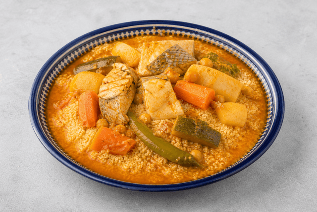 Photorealistic Tunisian fish couscous menu-main p02 food image by VDAMO