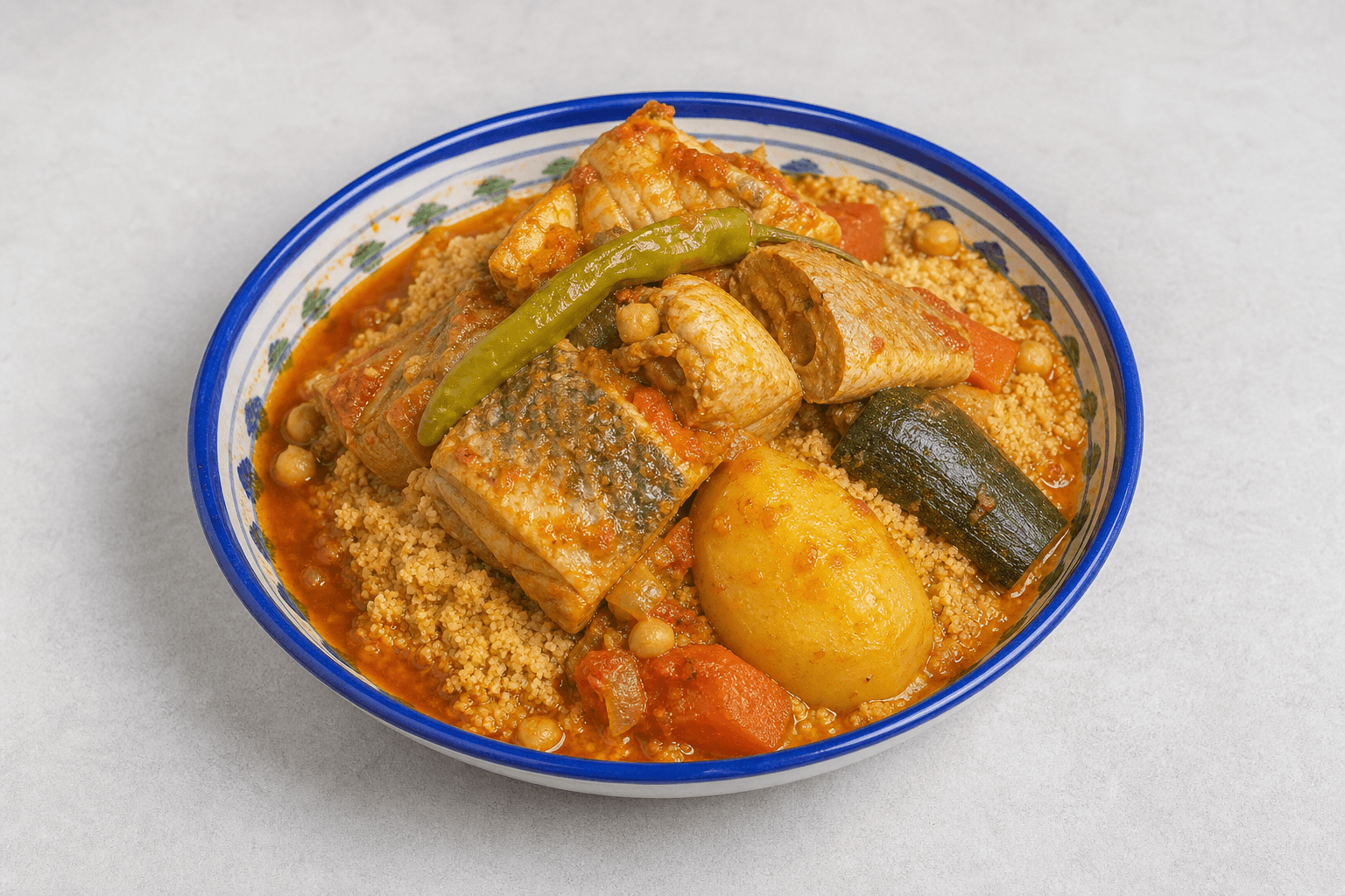 Photorealistic Tunisian fish couscous menu-main p03 food image by VDAMO