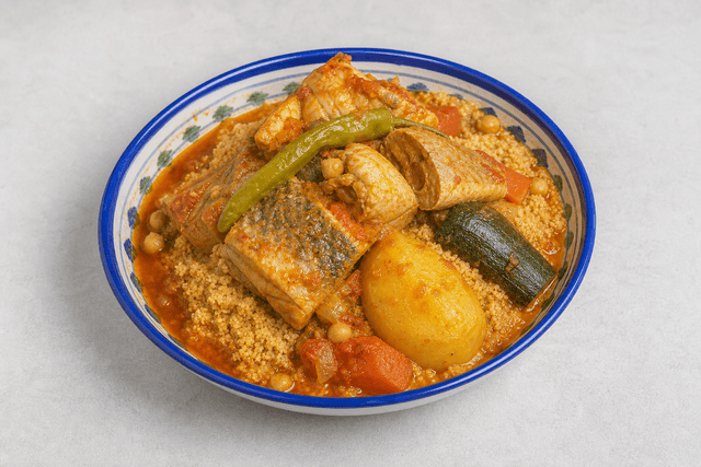 Photorealistic Tunisian fish couscous menu-main p03 food image by VDAMO