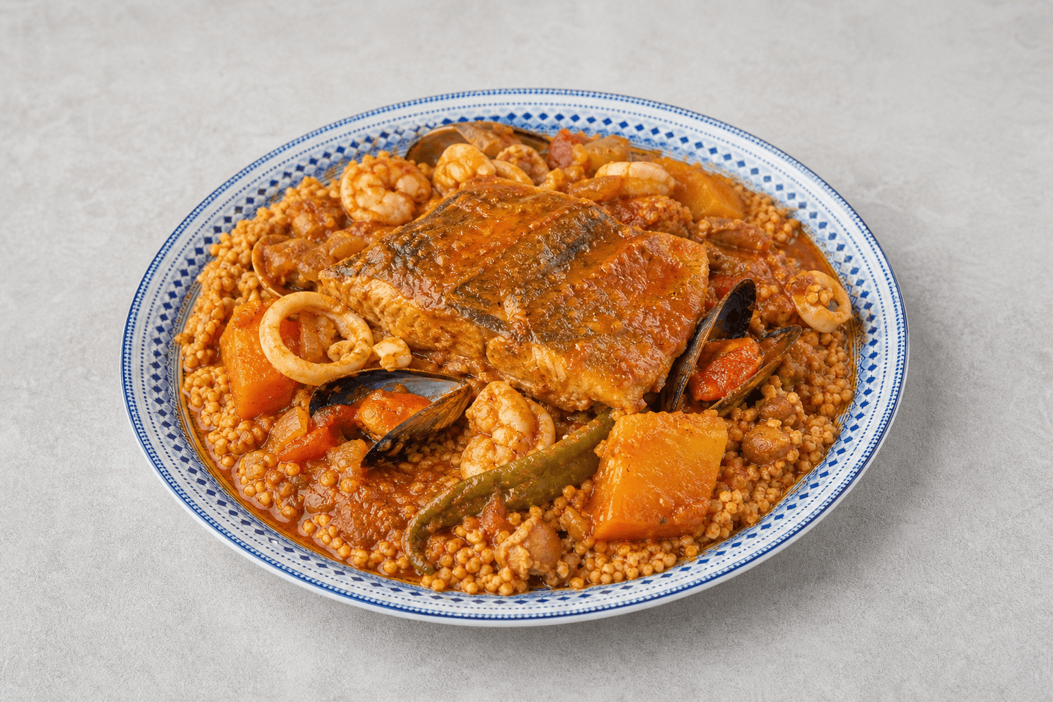 Photorealistic Tunisian fish couscous menu-main p05 food image by VDAMO