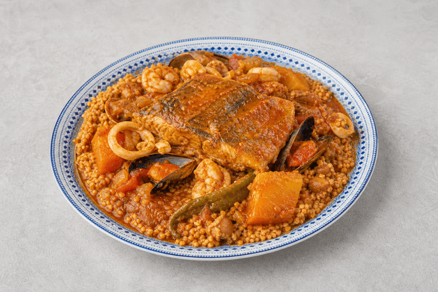 Photorealistic Tunisian fish couscous menu-main p05 food image by VDAMO