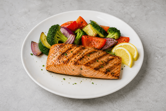 Photorealistic Grilled salmon menu-main p09 food image by VDAMO