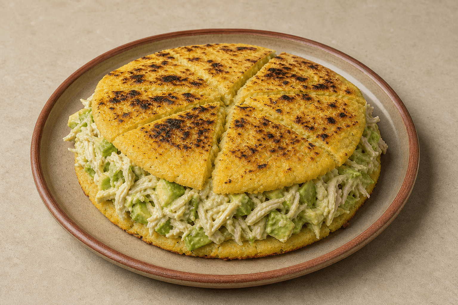 Photorealistic Arepa reina pepiada P10 food image by VDAMO