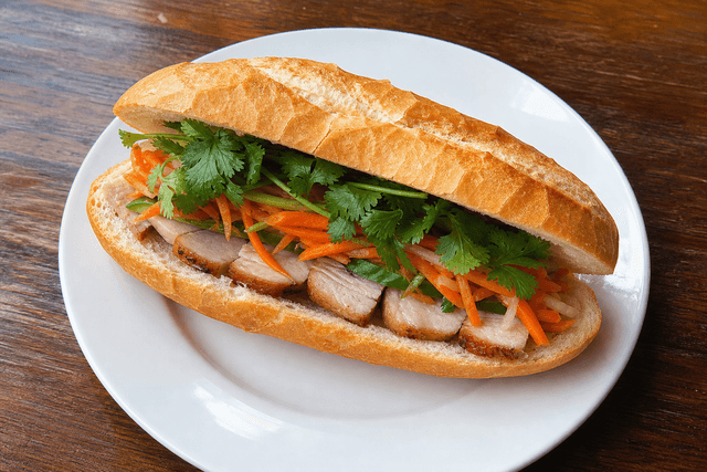 Photorealistic Vietnamese pork banh mi menu-main food image by VDAMO