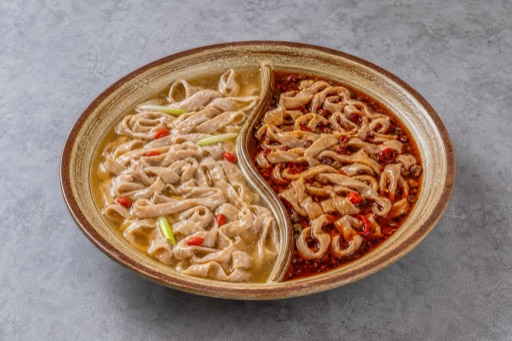 Photorealistic dual broth hot pot duck intestine add-on P10 food image by VDAMO