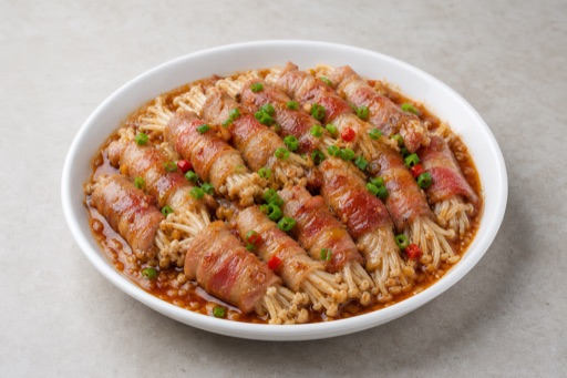 Photorealistic bacon enoki rolls P04 food image by VDAMO