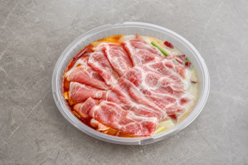 Photorealistic dual broth hot pot pork shoulder slices add-on P07 food image by VDAMO