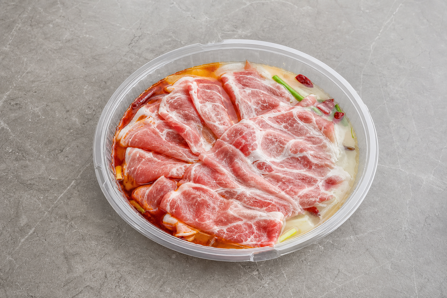 Photorealistic dual broth hot pot pork shoulder slices add-on P07 food image by VDAMO