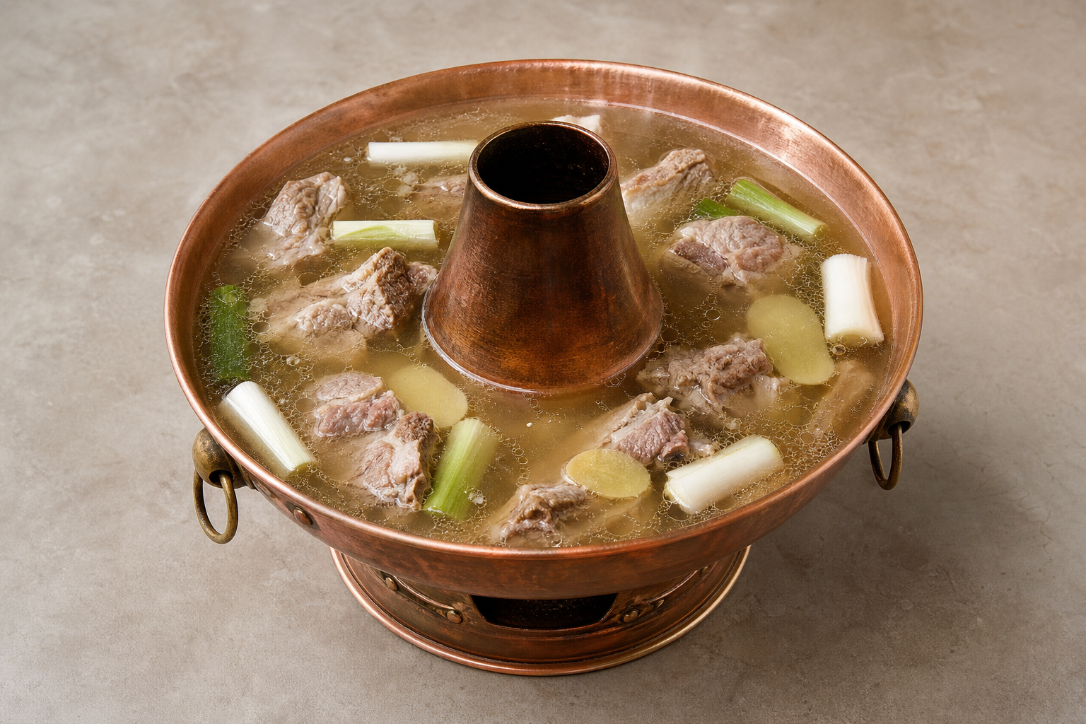 Photorealistic aromatic Beijing copper pot clear broth hot pot broth P10 food image by VDAMO