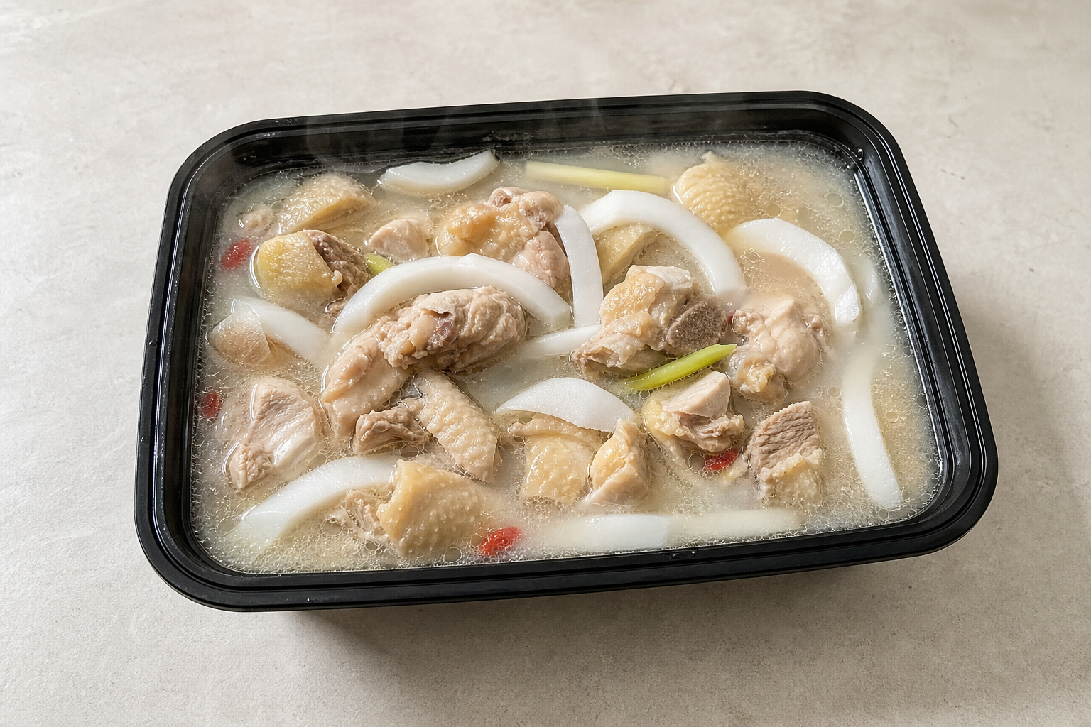 Photorealistic bone broth coconut chicken hot pot broth P06 food image by VDAMO