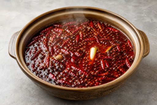 Photorealistic Chongqing beef tallow mala hot pot soup base P10 food image by VDAMO