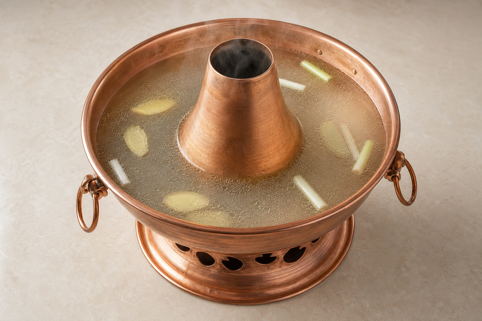 Photorealistic clean strained Beijing copper pot clear broth hot pot broth P10 food image by VDAMO