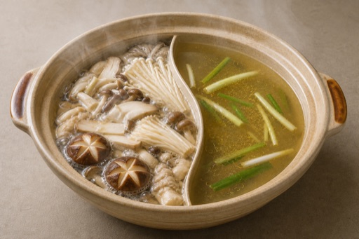 Photorealistic half-and-half side mushroom clear broth hot pot broth P03 food image by VDAMO