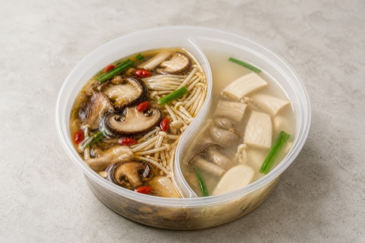 Photorealistic half-and-half side mushroom clear broth hot pot broth P07 food image by VDAMO